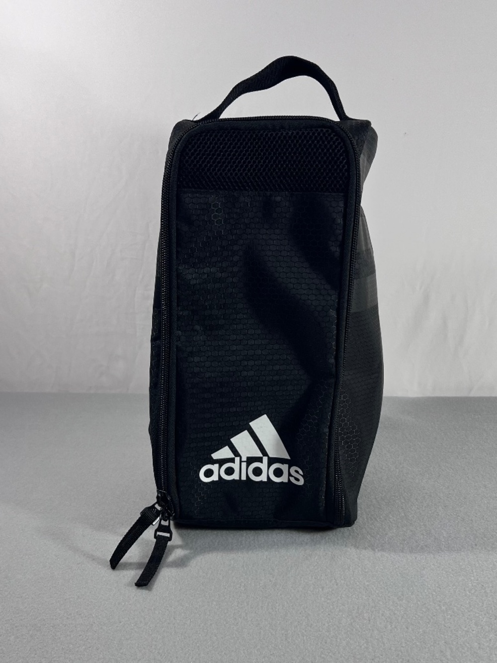 Black/White Adidas Stadium Team Shoe Bag Inside Green. Zip Closure and Handle